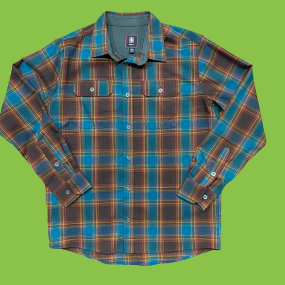 Swiss+Tech Plaid Green Brown Gold Button Up Shirt Men's Size Medium - Picture 1 of 8